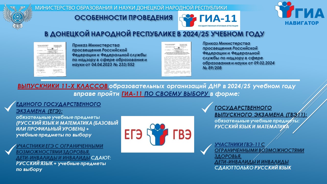 Особенности проведения ГИА-11 в Донецкой Народной Республике в 2024/25 учебном году.